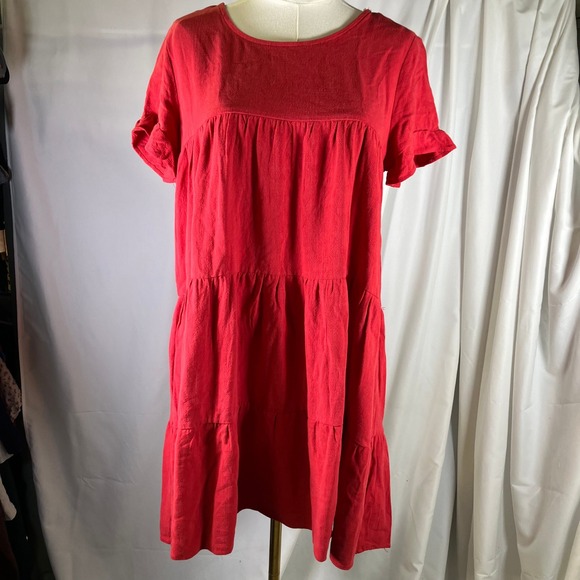 Umgee USA Red Linen Blend Tiered Mini Dress Short Sleeve Casual Womens Small New - Picture 13 of 13